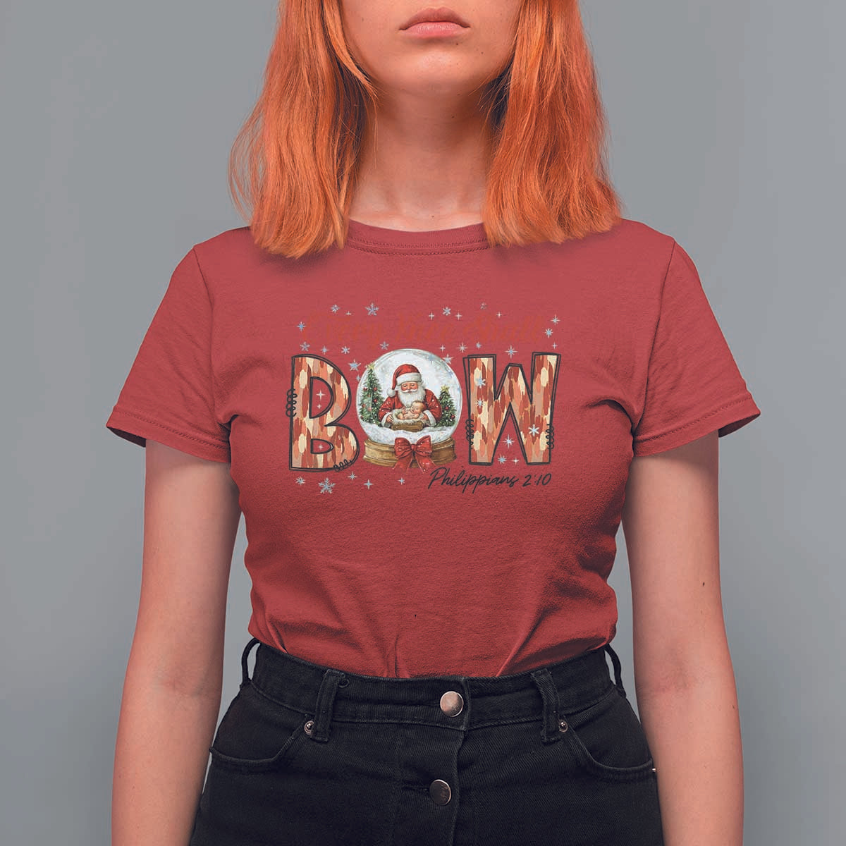 Every Knee Shall Bow T Shirt For Women Santa Christmas Nativity Scene Bible Verse - Wonder Print Shop