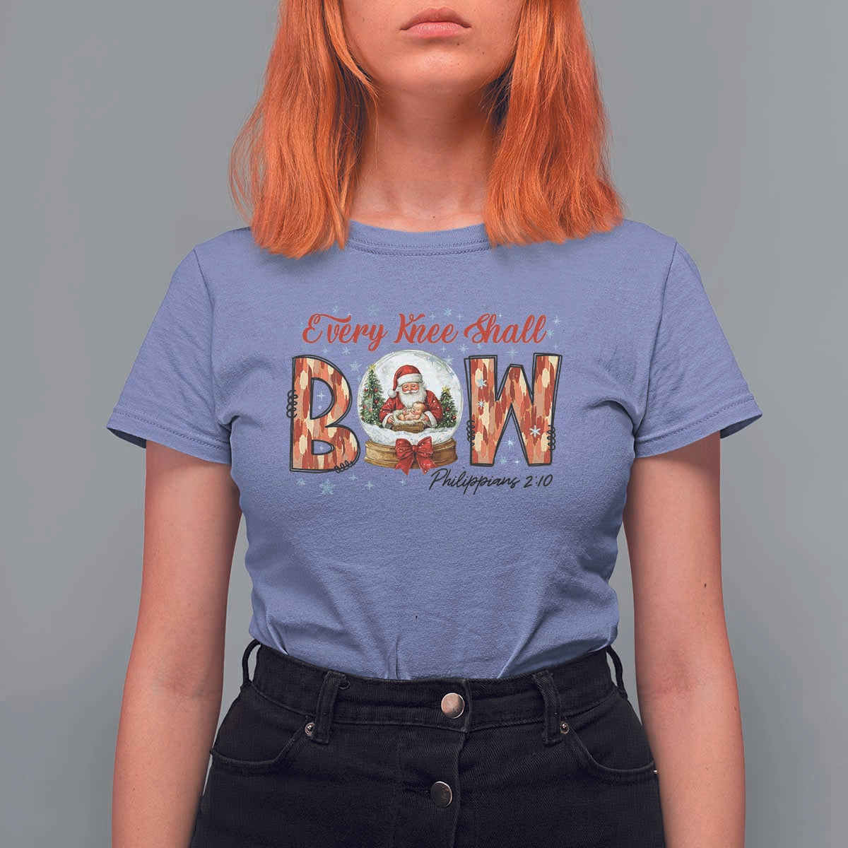 Every Knee Shall Bow T Shirt For Women Santa Christmas Nativity Scene Bible Verse - Wonder Print Shop