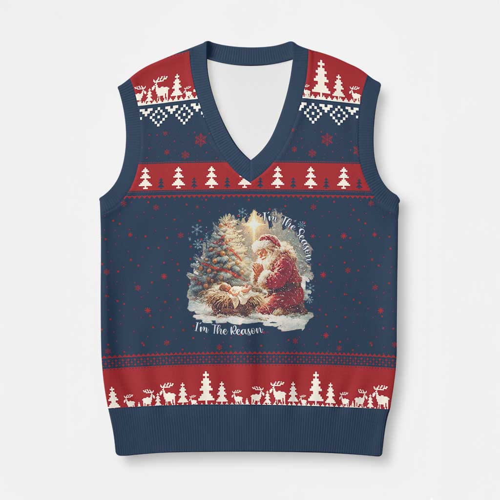 Christian Christmas V-Neck Knit Sweater Vest Jesus I Am The Reason Santa I Am The Season - Wonder Print Shop
