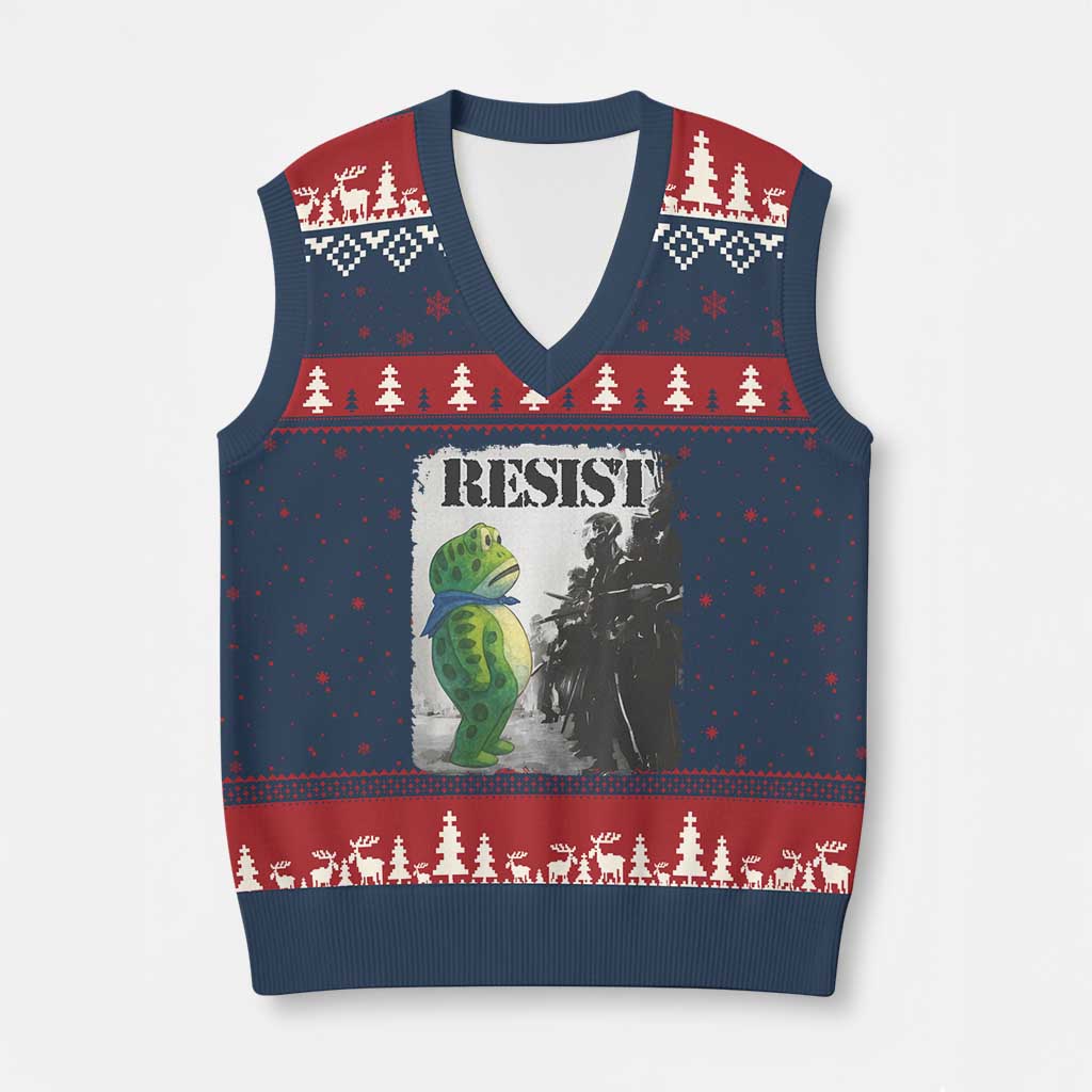 Frog Resist V-Neck Knit Sweater Vest Portland Frog Activist Protest City Art - Wonder Print Shop
