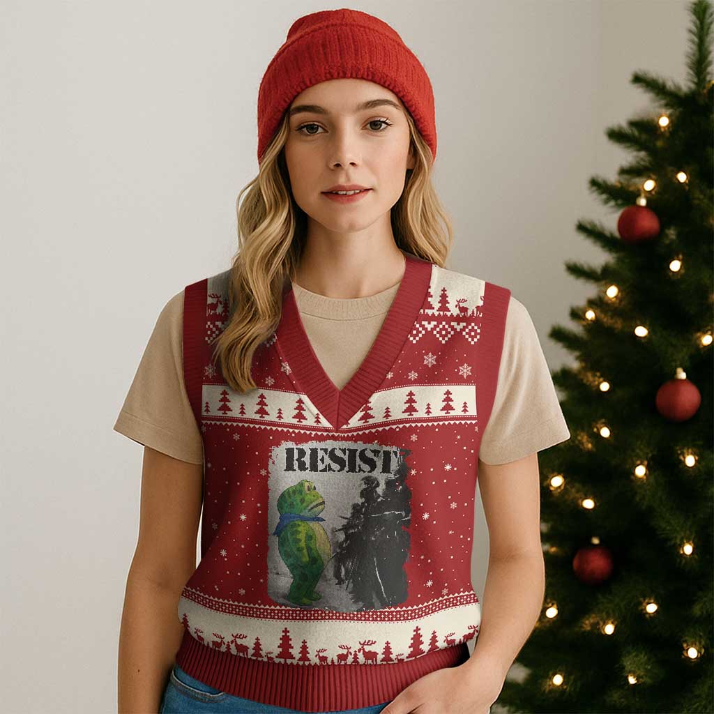Frog Resist V-Neck Knit Sweater Vest Portland Frog Activist Protest City Art - Wonder Print Shop
