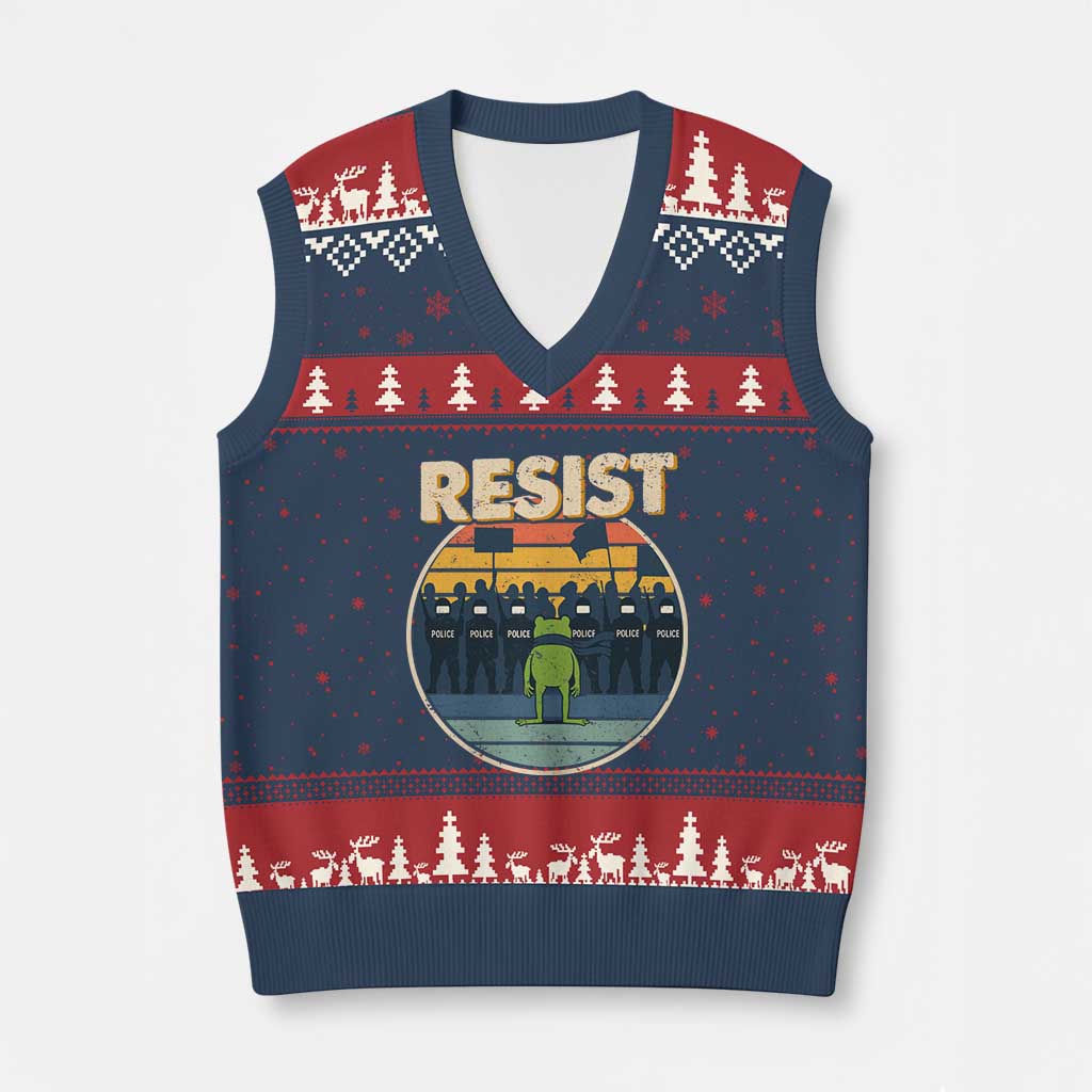 Frog Resist V-Neck Knit Sweater Vest Portland Frog Activist Protest Retro Sunset - Wonder Print Shop