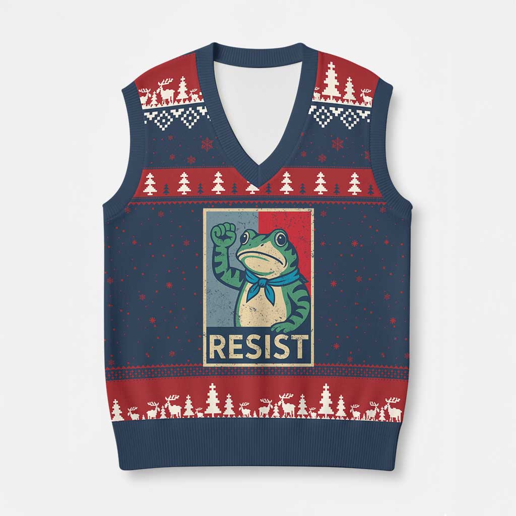 Frog Resist V-Neck Knit Sweater Vest Portland Frog Raised Fist Poster Graphic - Wonder Print Shop