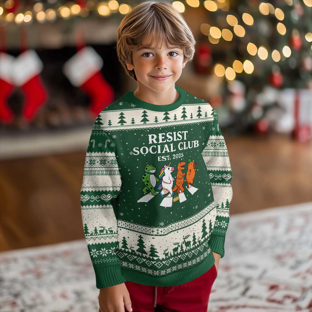 Resist Social Club 2025 Ugly Christmas Sweater Portland Frog Animals Mascot Walking - Wonder Print Shop