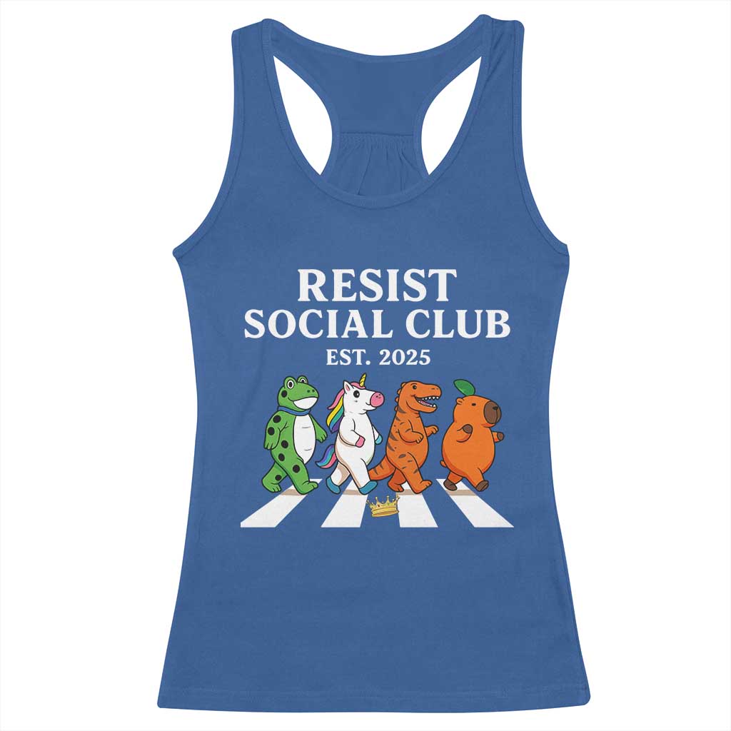 Resist Social Club 2025 Racerback Tank Top Portland Frog Animals Mascot Walking - Wonder Print Shop