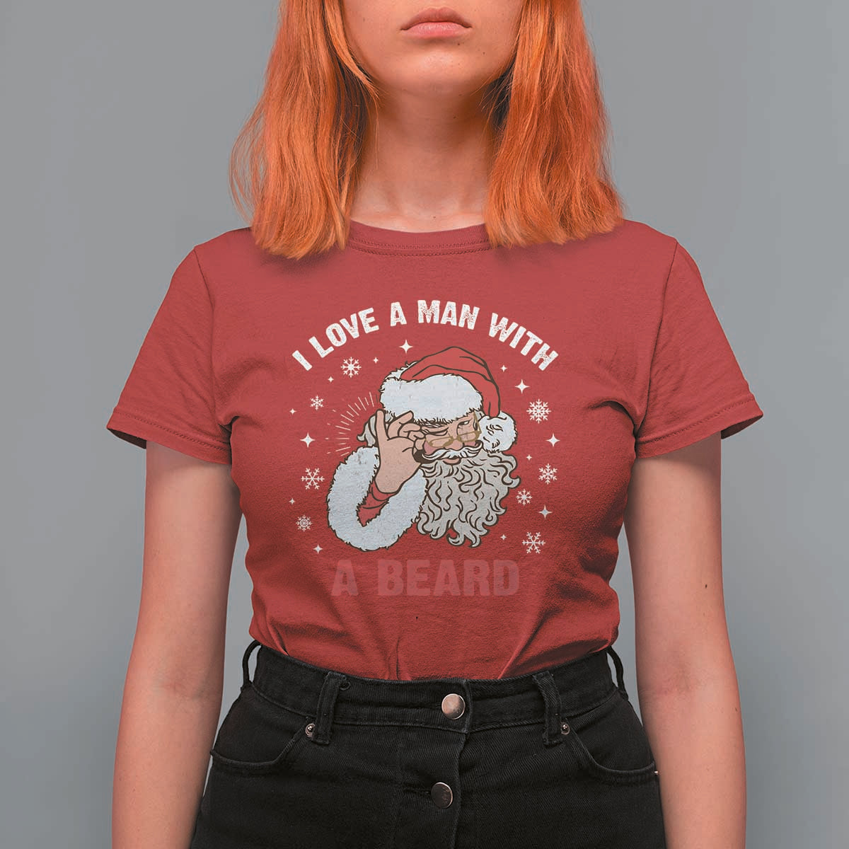 Funny Christmas Santa T Shirt For Women I Love A Man With A Beard Snowflake - Wonder Print Shop