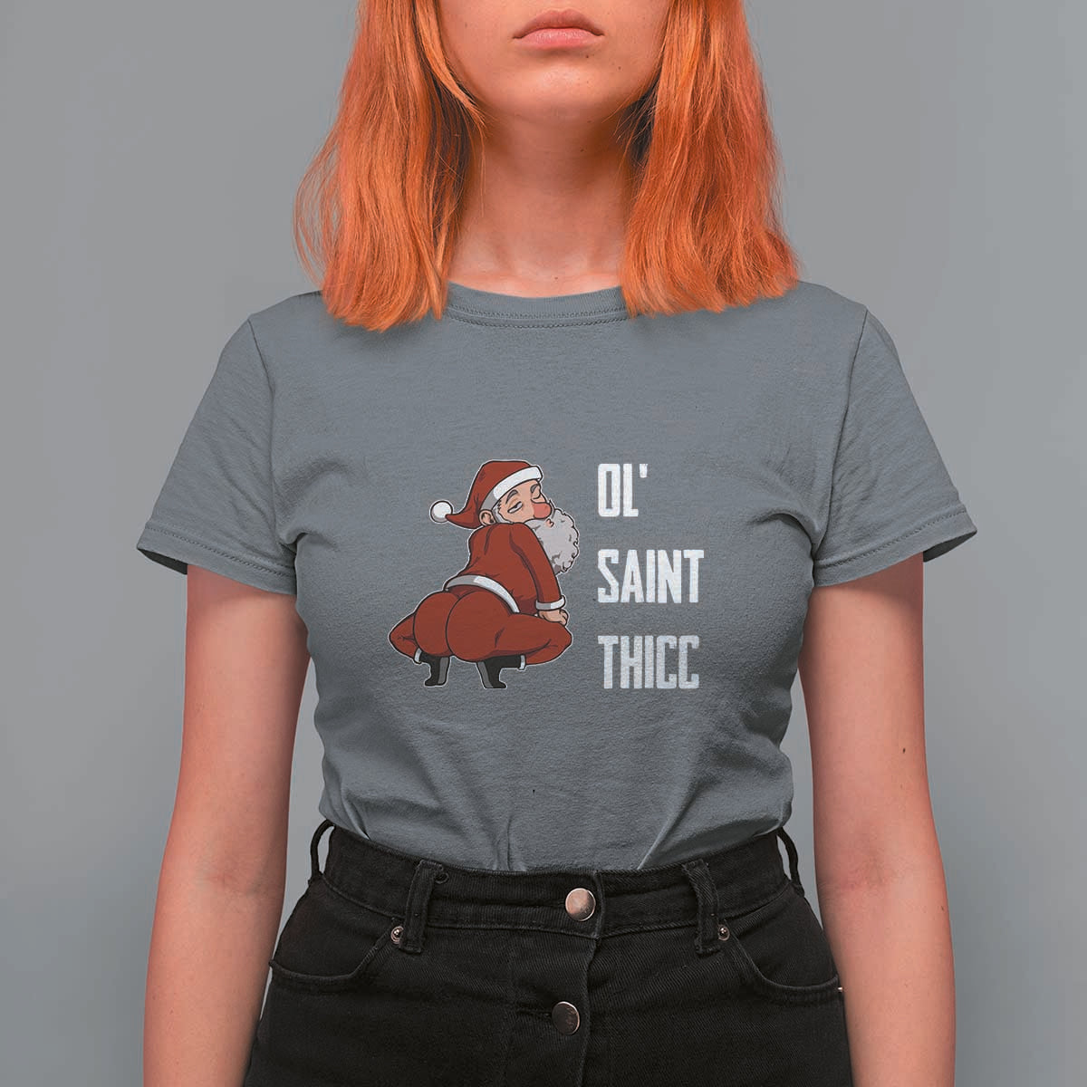 Funny Christmas Naughty Santa T Shirt For Women Ol' Saint Thicc Kiss My Ass - Wonder Print Shop