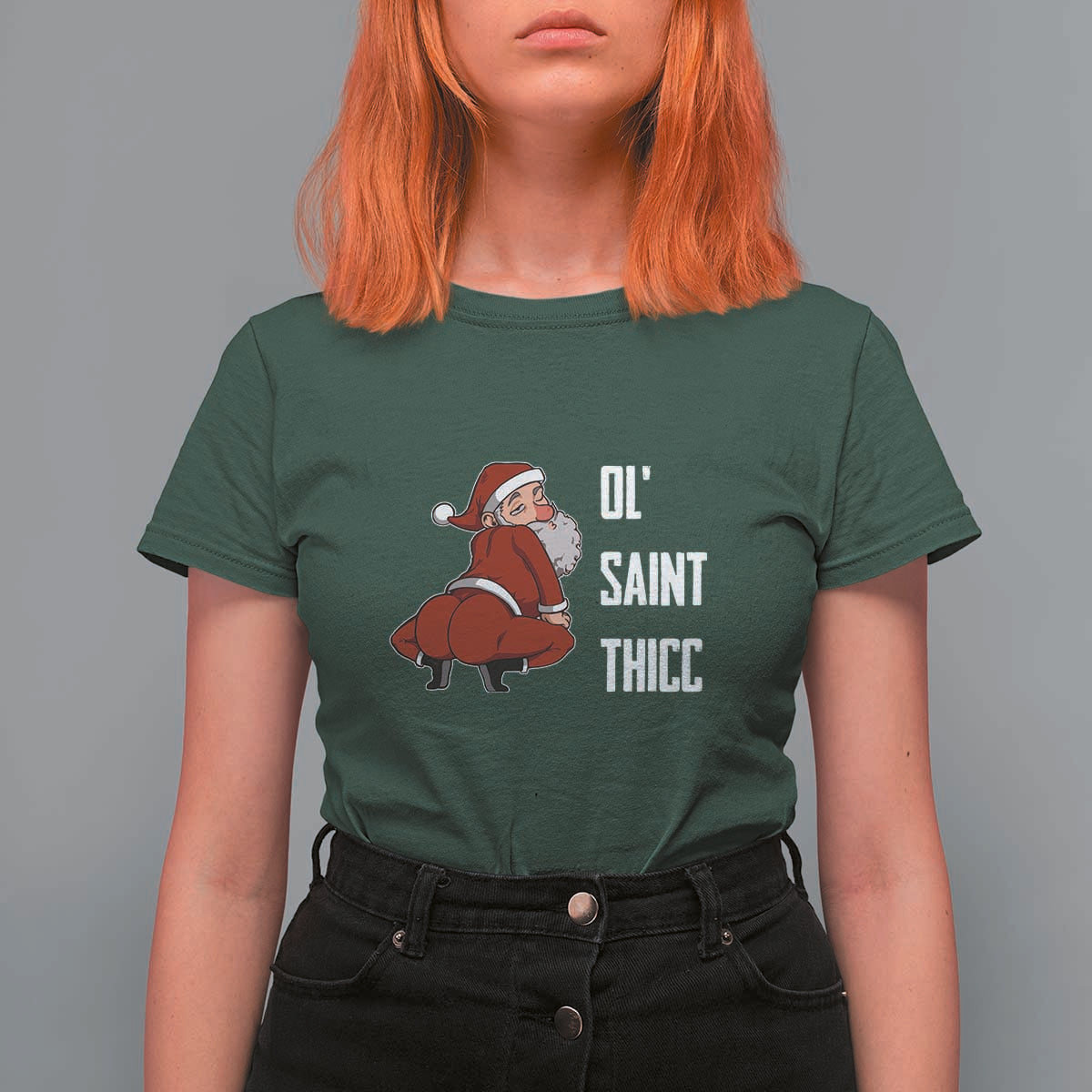 Funny Christmas Naughty Santa T Shirt For Women Ol' Saint Thicc Kiss My Ass - Wonder Print Shop
