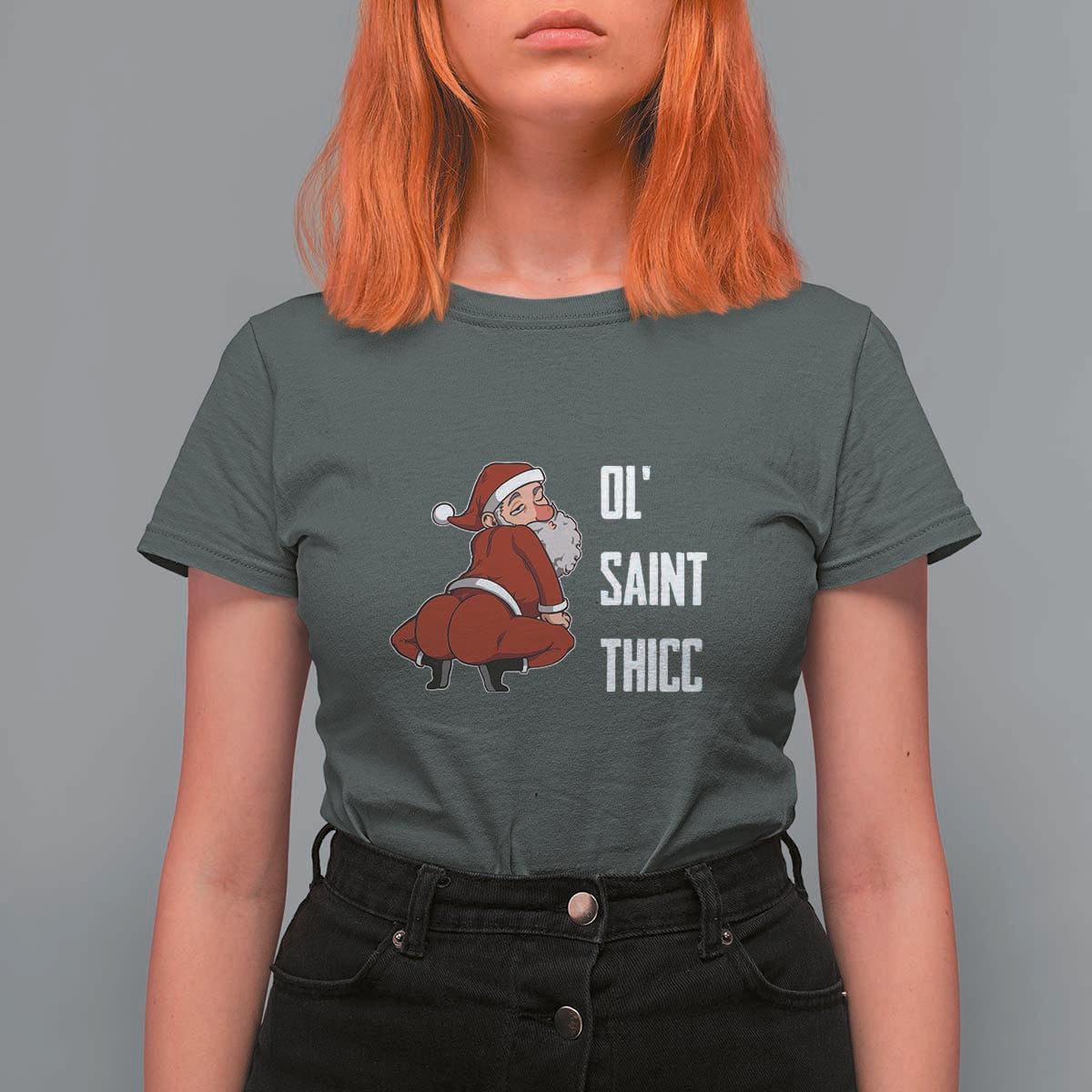 Funny Christmas Naughty Santa T Shirt For Women Ol' Saint Thicc Kiss My Ass - Wonder Print Shop