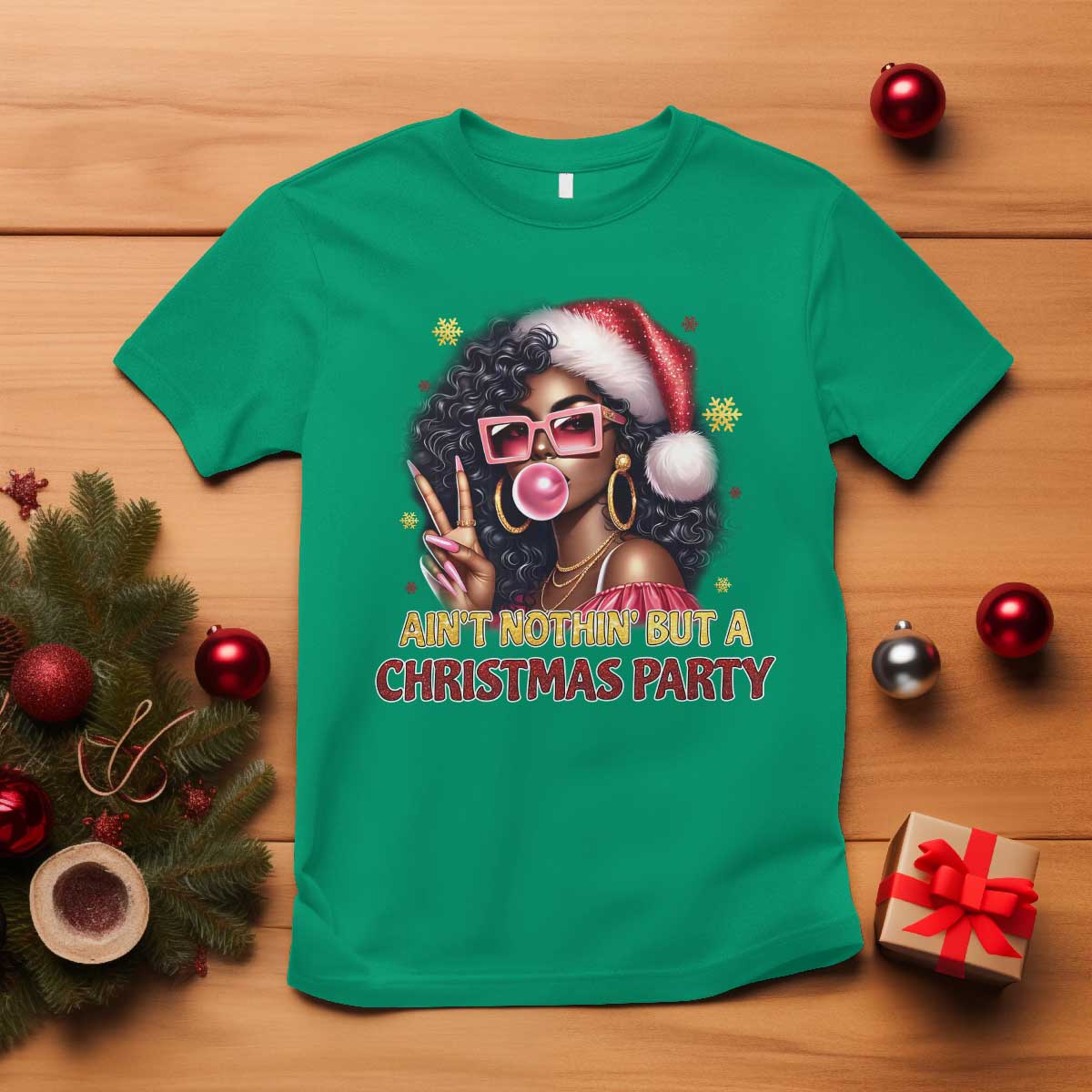 Funny African American Christmas T Shirt Ain't Nothin' But A Christmas Party Black Melanin Santa Girl - Wonder Print Shop