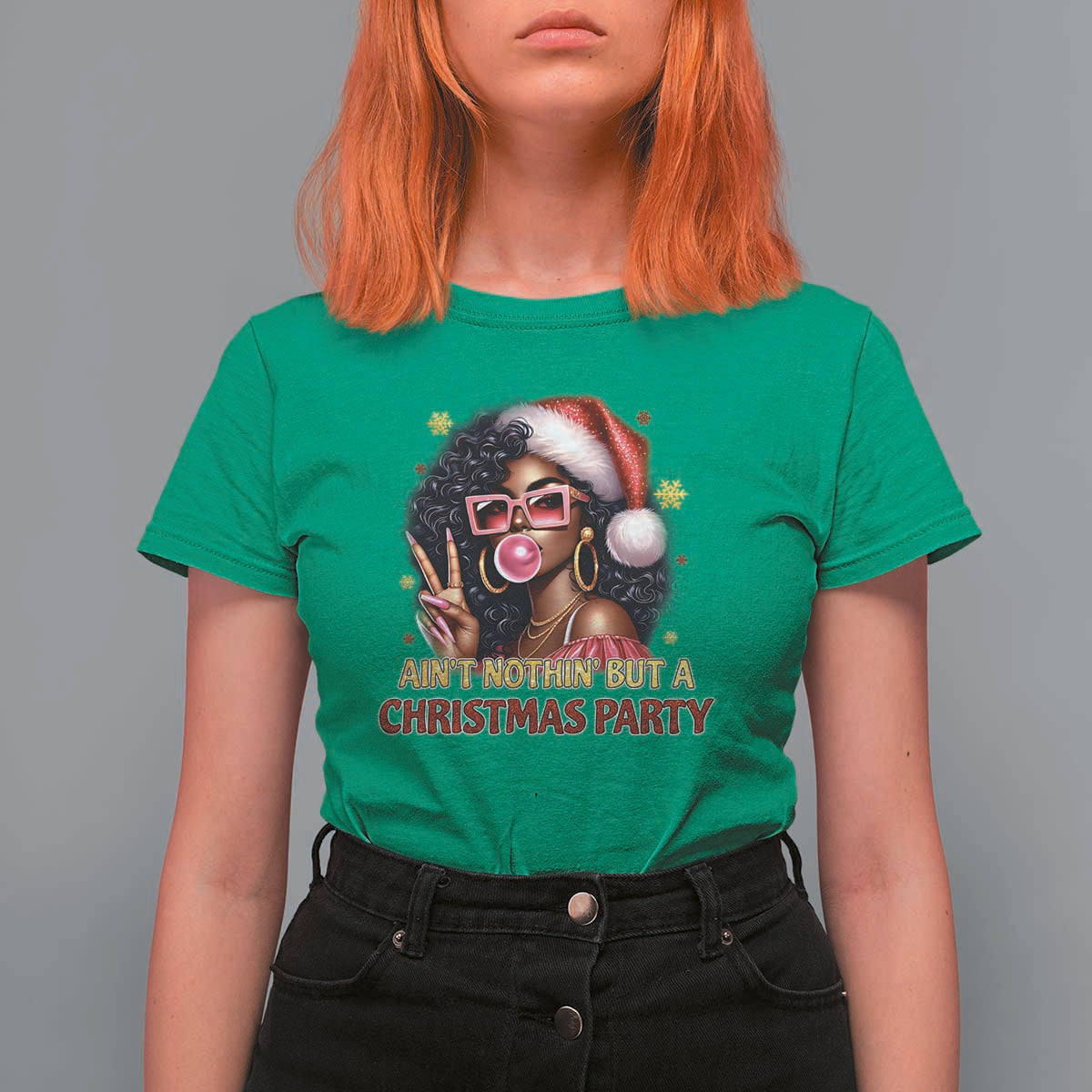 Funny African American Christmas T Shirt For Women Ain't Nothin' But A Christmas Party Black Melanin Santa Girl - Wonder Print Shop