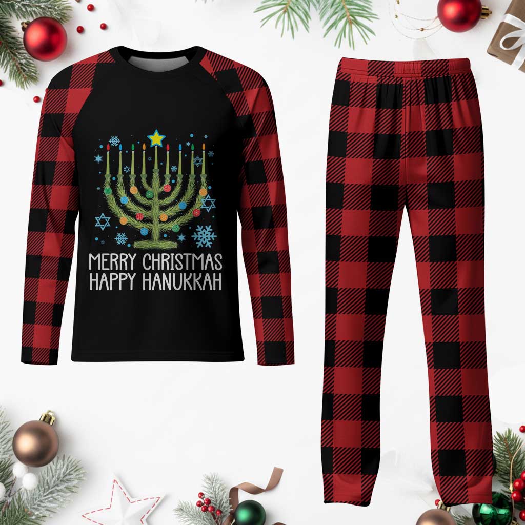 Funny Chrismukkah Plaid Pajama Set Merry Xmas Happy Hanukkah Xmas Tree Jewish Menorah - Wonder Print Shop