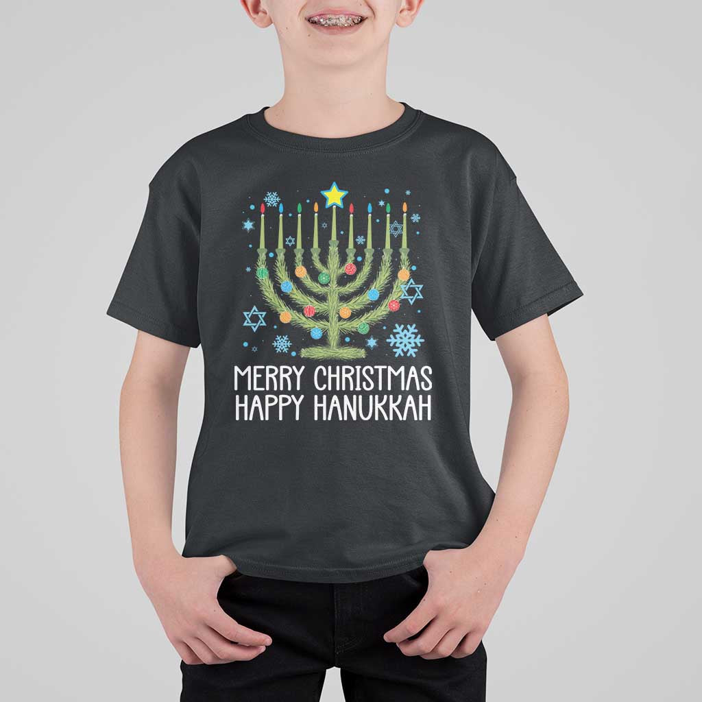 Funny Chrismukkah T Shirt For Kid Merry Christmas Happy Hanukkah Christmas Tree Jewish Menorah - Wonder Print Shop