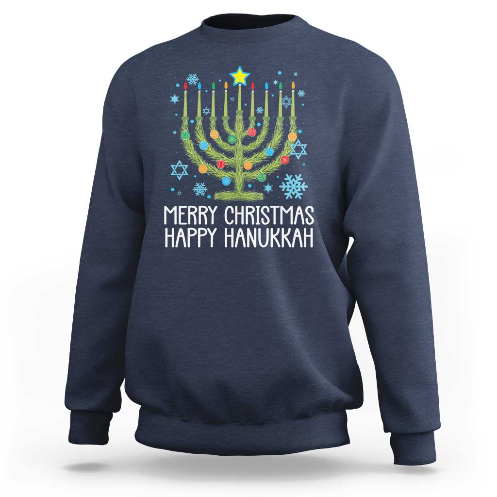 Funny Chrismukkah Sweatshirt Merry Christmas Happy Hanukkah Christmas Tree Jewish Menorah - Wonder Print Shop