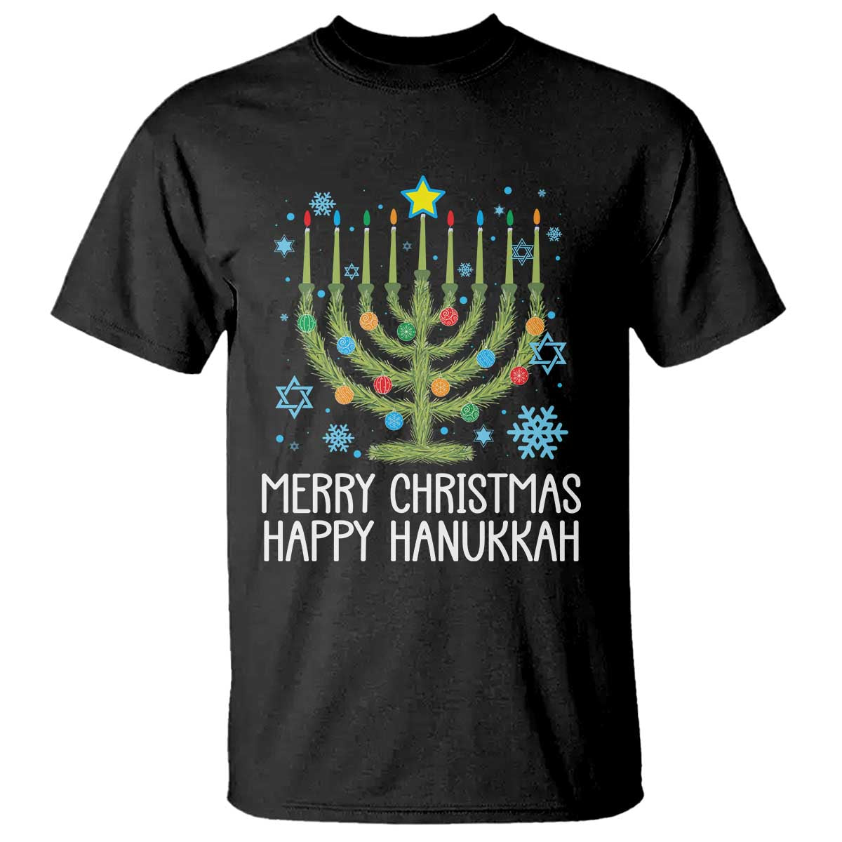 Funny Chrismukkah T Shirt Merry Christmas Happy Hanukkah Christmas Tree Jewish Menorah - Wonder Print Shop