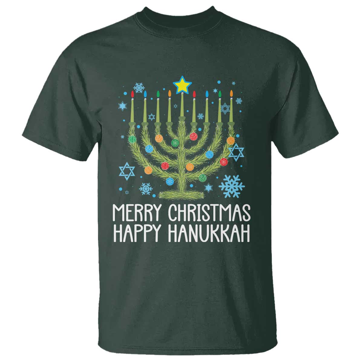 Funny Chrismukkah T Shirt Merry Christmas Happy Hanukkah Christmas Tree Jewish Menorah - Wonder Print Shop