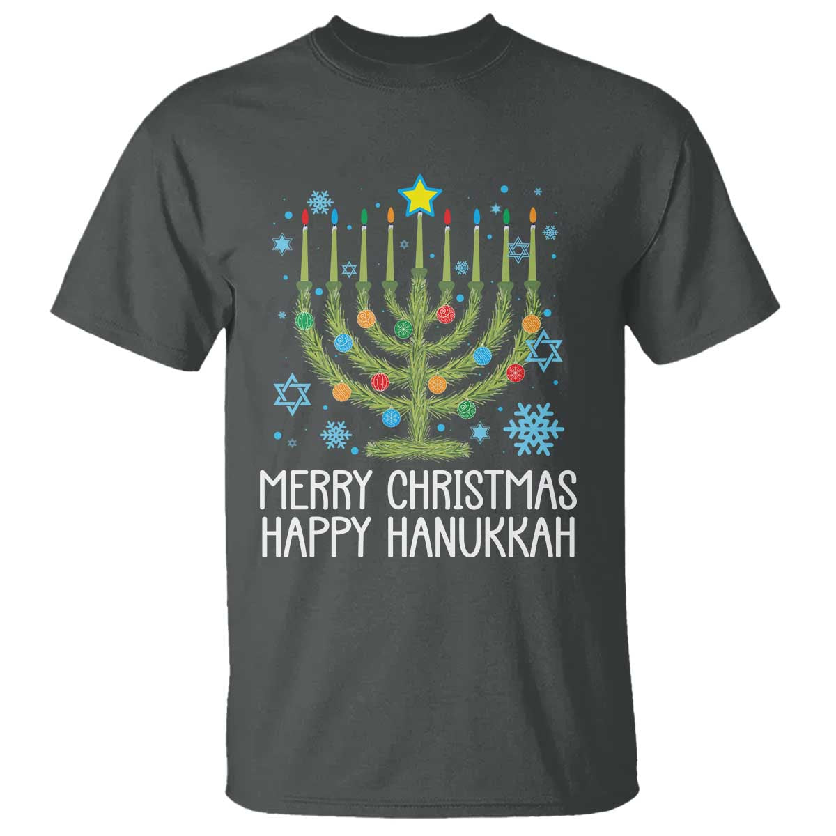 Funny Chrismukkah T Shirt Merry Christmas Happy Hanukkah Christmas Tree Jewish Menorah - Wonder Print Shop