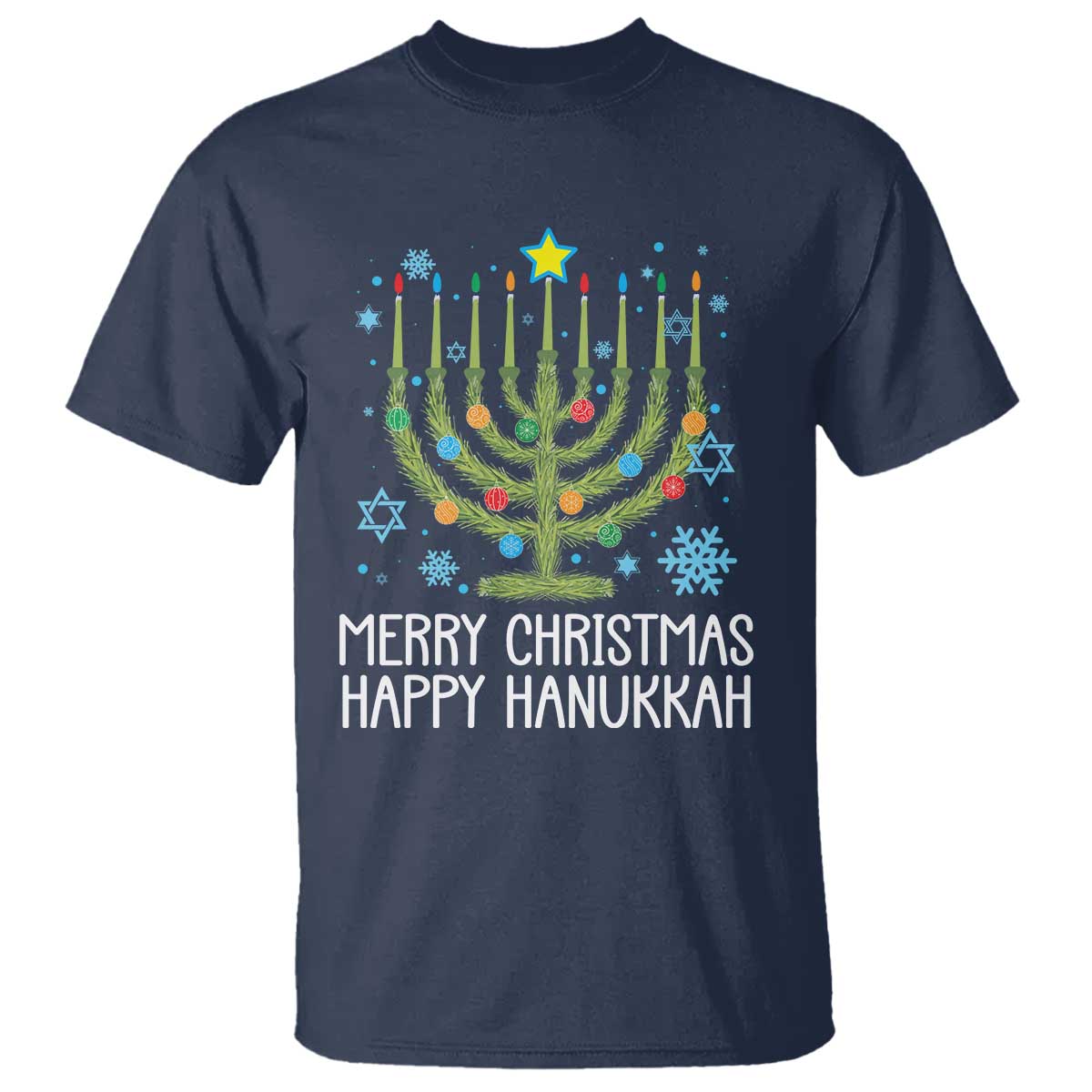 Funny Chrismukkah T Shirt Merry Christmas Happy Hanukkah Christmas Tree Jewish Menorah - Wonder Print Shop
