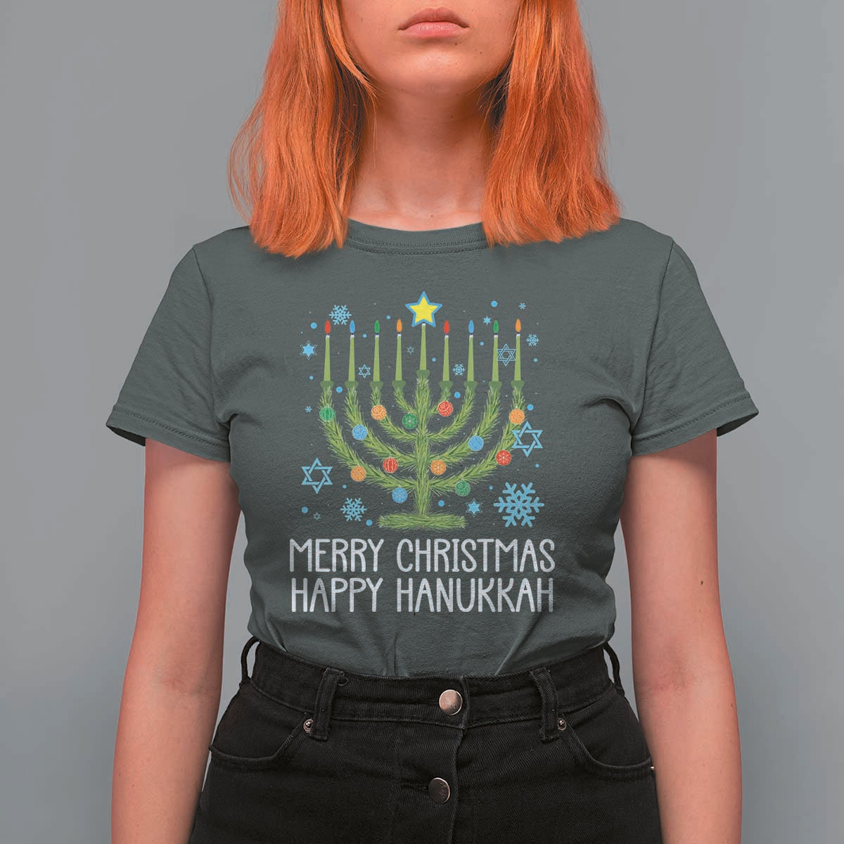 Funny Chrismukkah T Shirt For Women Merry Christmas Happy Hanukkah Christmas Tree Jewish Menorah - Wonder Print Shop