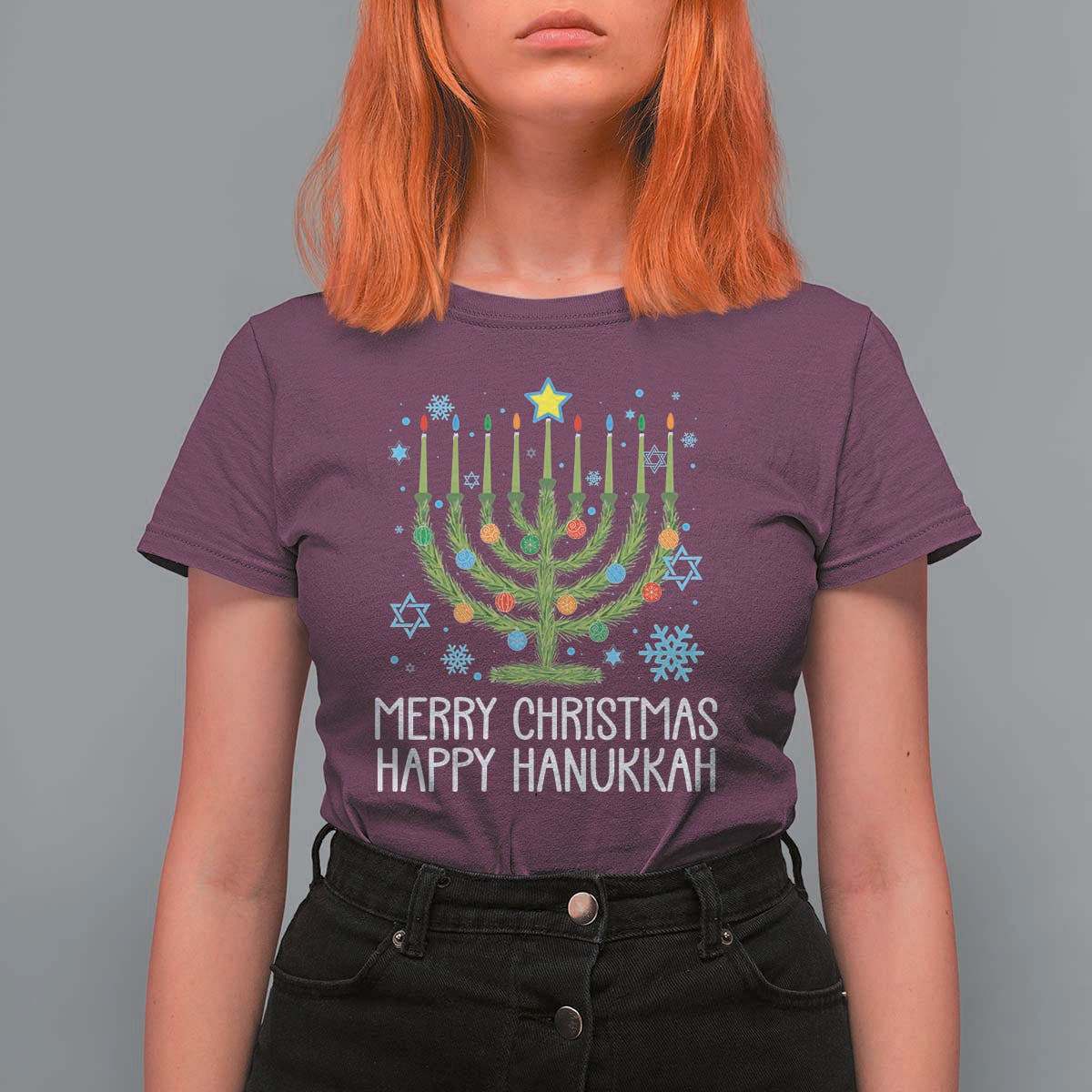 Funny Chrismukkah T Shirt For Women Merry Christmas Happy Hanukkah Christmas Tree Jewish Menorah - Wonder Print Shop