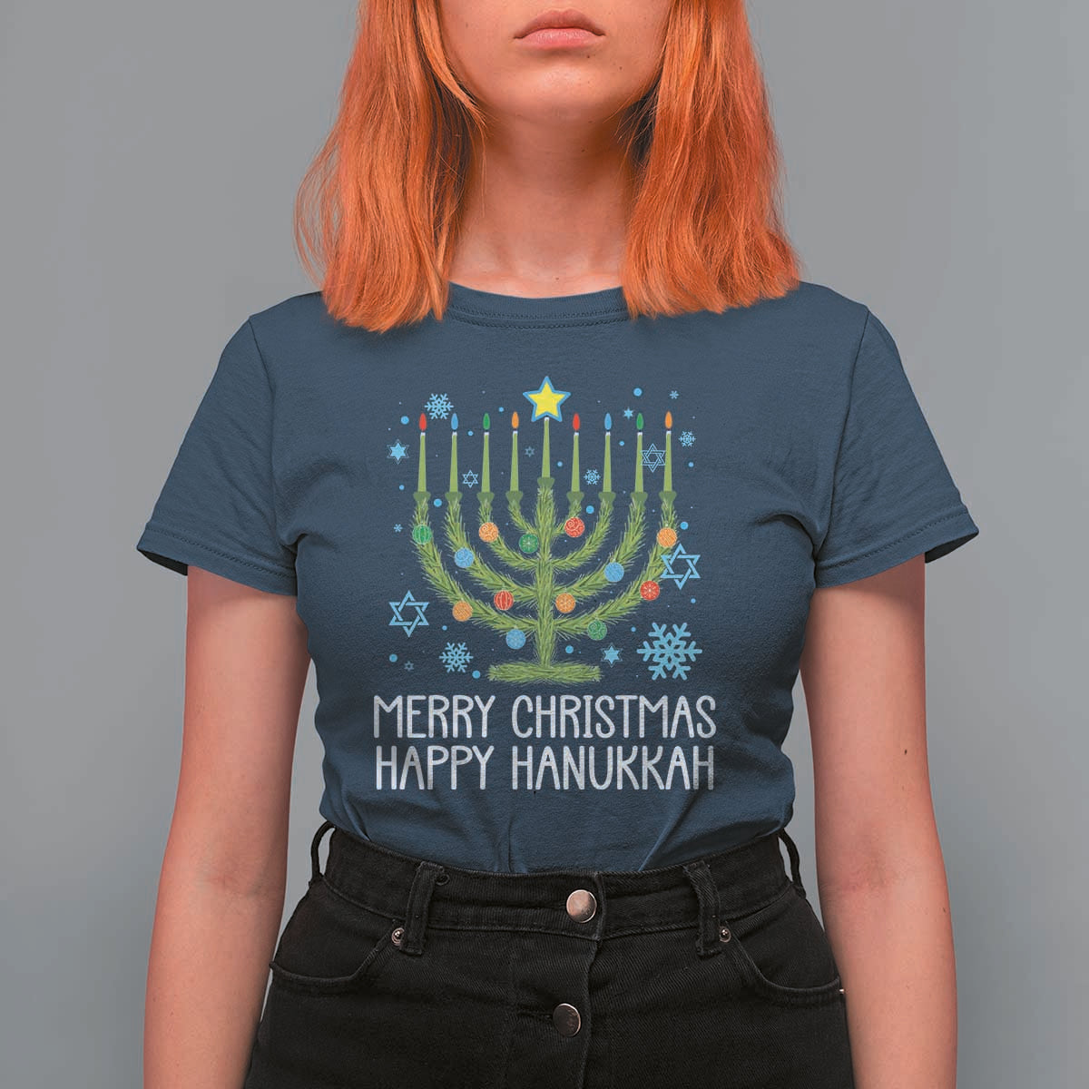 Funny Chrismukkah T Shirt For Women Merry Christmas Happy Hanukkah Christmas Tree Jewish Menorah - Wonder Print Shop