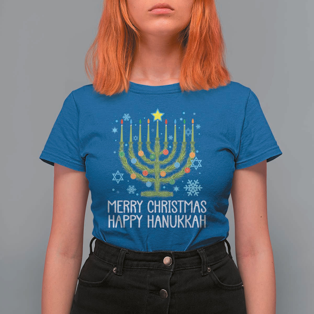 Funny Chrismukkah T Shirt For Women Merry Christmas Happy Hanukkah Christmas Tree Jewish Menorah - Wonder Print Shop