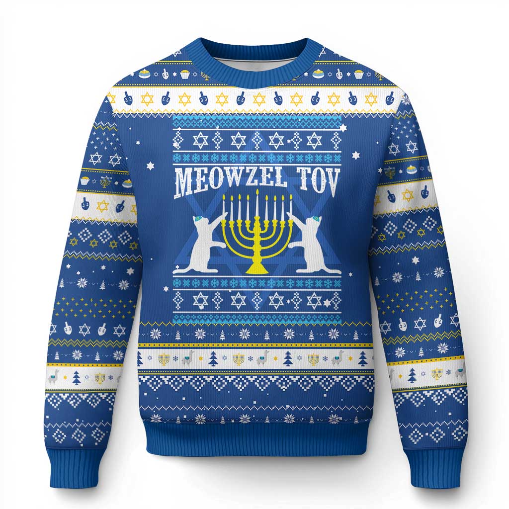 Meowzel Tov Hanukkah Ugly Sweater Funny Chanukah Cat Jewish Menorah - Wonder Print Shop