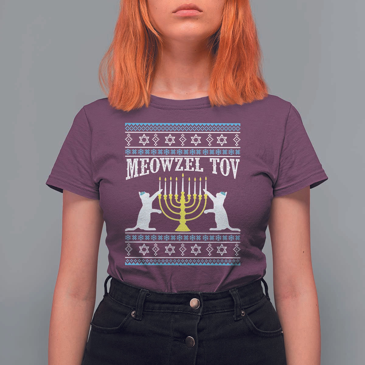 Meowzel Tov T Shirt For Women Funny Hanukkah Cat Jewish Chanukah Menorah - Wonder Print Shop