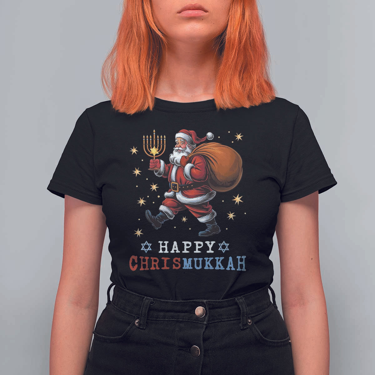 Funny Christmas Hanukkah T Shirt For Women Happy Chrismukkah Santa Menorah - Wonder Print Shop
