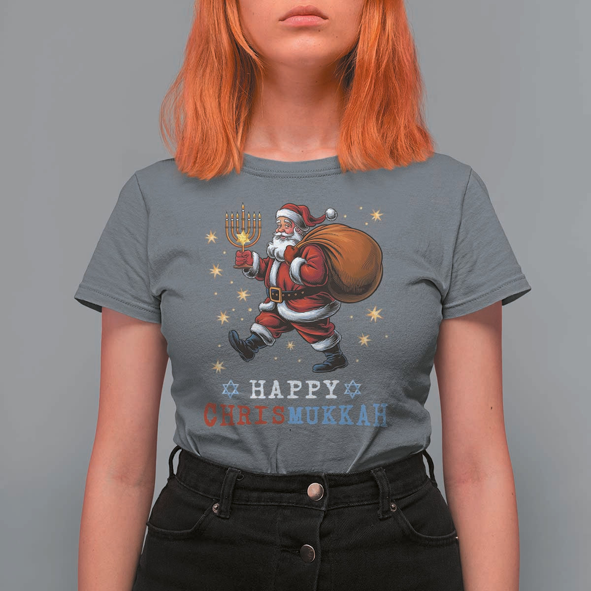 Funny Christmas Hanukkah T Shirt For Women Happy Chrismukkah Santa Menorah - Wonder Print Shop
