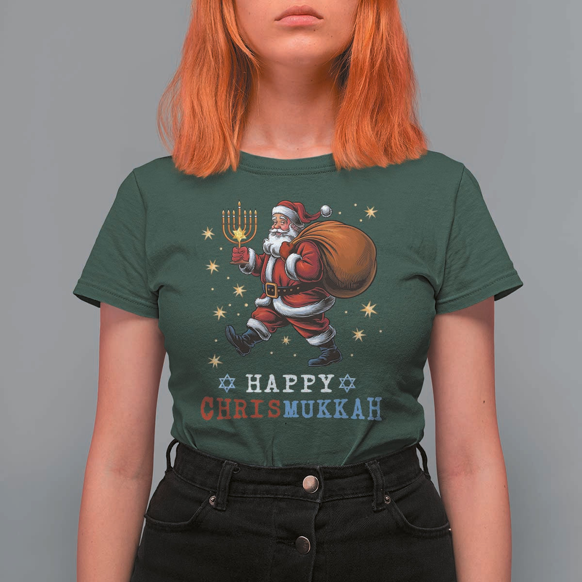 Funny Christmas Hanukkah T Shirt For Women Happy Chrismukkah Santa Menorah - Wonder Print Shop