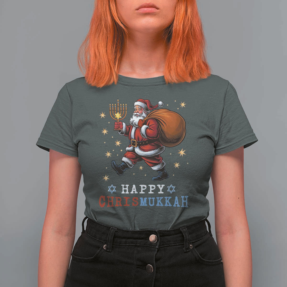 Funny Christmas Hanukkah T Shirt For Women Happy Chrismukkah Santa Menorah - Wonder Print Shop
