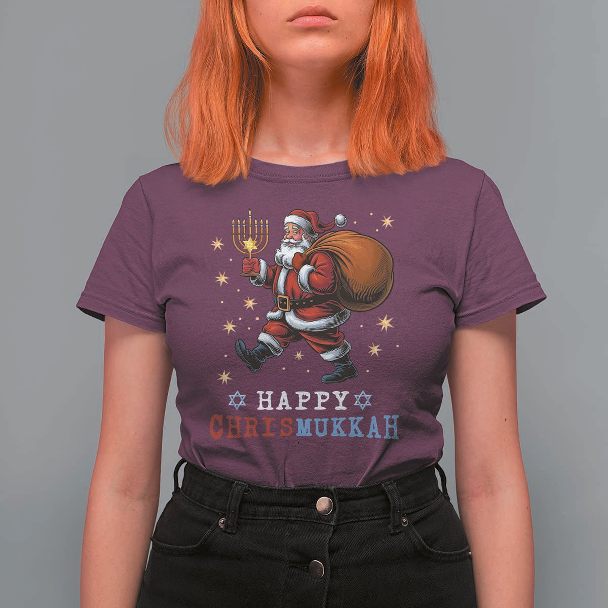 Funny Christmas Hanukkah T Shirt For Women Happy Chrismukkah Santa Menorah - Wonder Print Shop