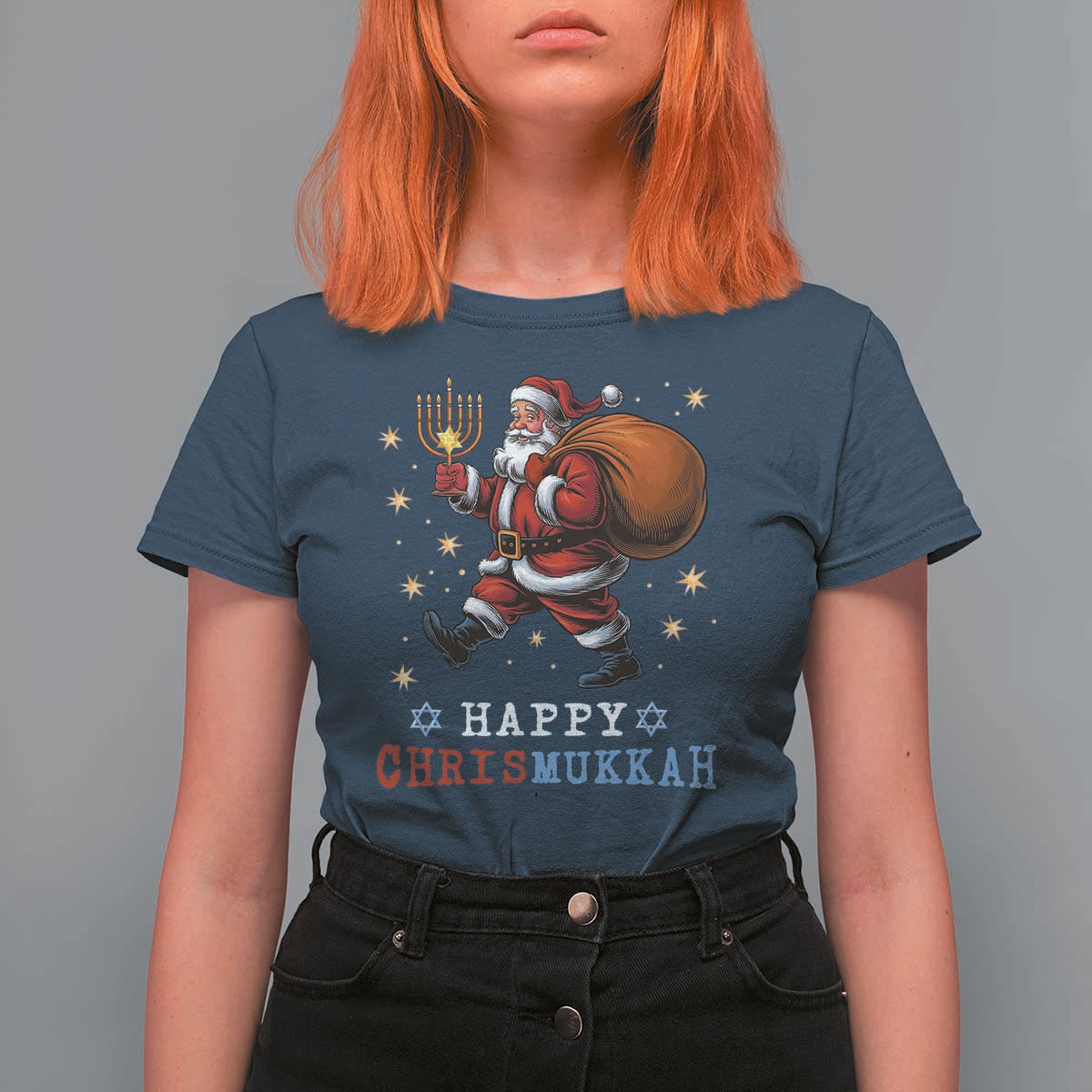 Funny Christmas Hanukkah T Shirt For Women Happy Chrismukkah Santa Menorah - Wonder Print Shop