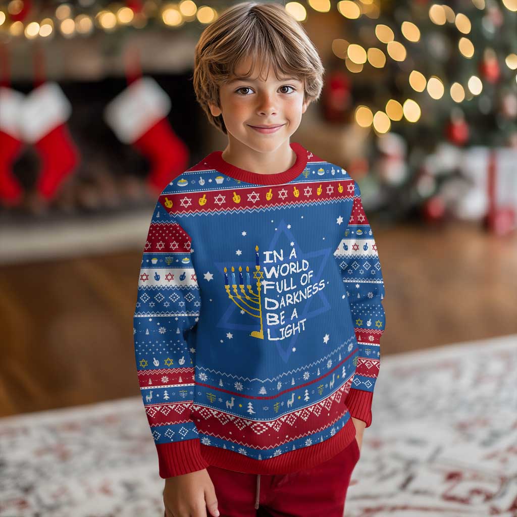 Menorah Hanukkah Ugly Sweater In A World Full Of Darkness Be A Light - Wonder Print Shop