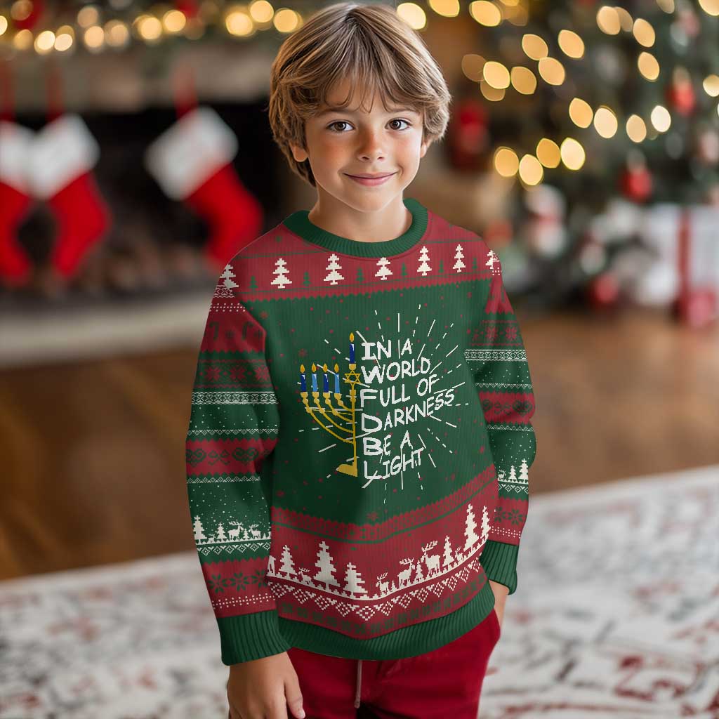 Funny Hanukkah Ugly Christmas Sweater In A World Full Of Darkness Be A Light Menorah - Wonder Print Shop