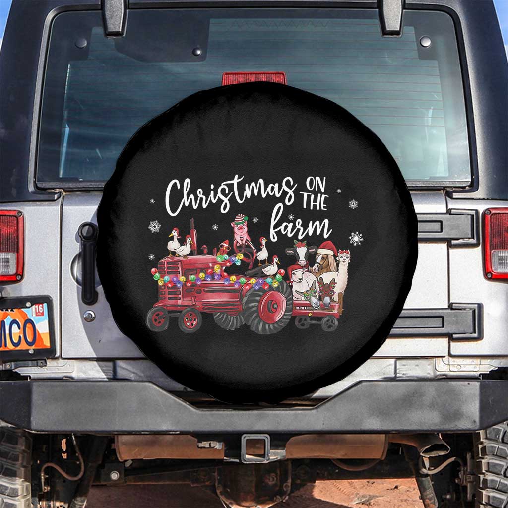 Funny Christmas On The Farm Spare Tire Cover Vintage Red Tractor Livestock - Wonder Print Shop