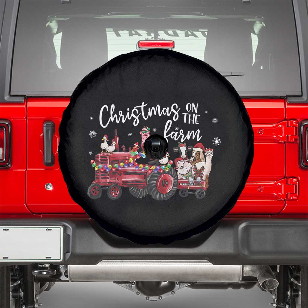 Funny Christmas On The Farm Spare Tire Cover Vintage Red Tractor Livestock - Wonder Print Shop