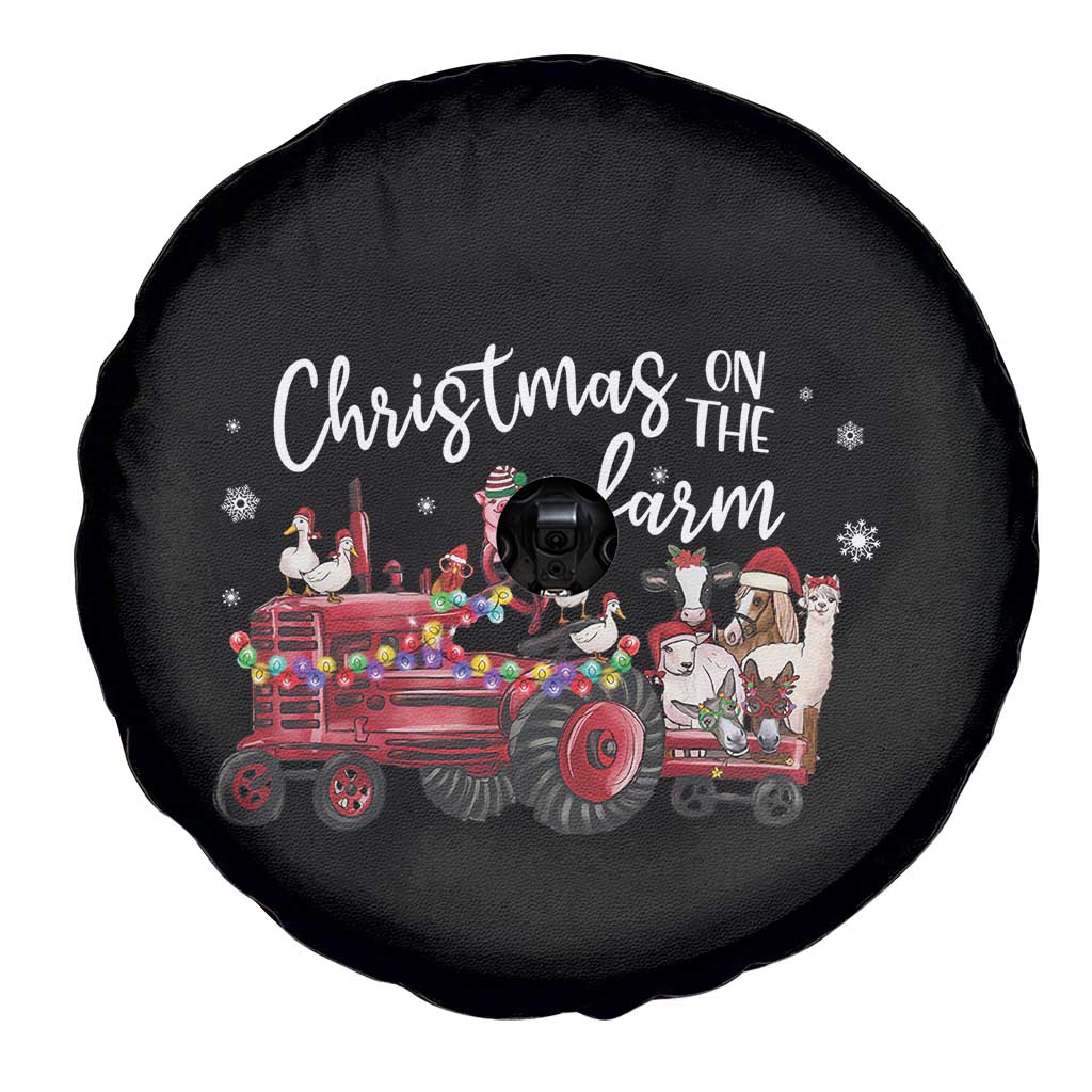 Funny Christmas On The Farm Spare Tire Cover Vintage Red Tractor Livestock - Wonder Print Shop