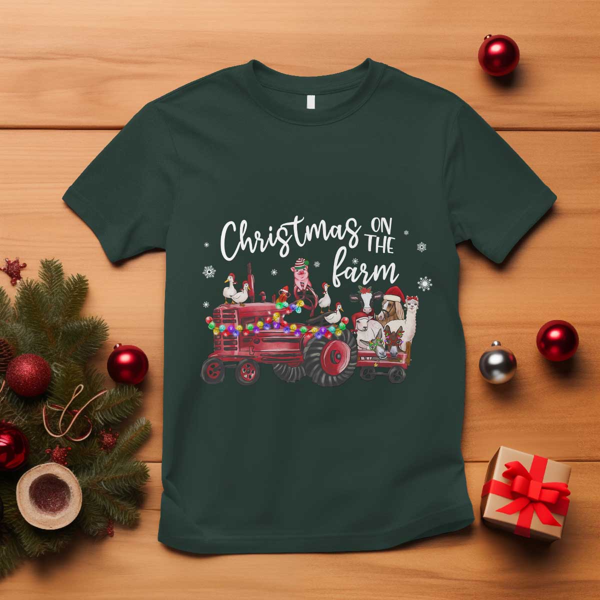 Funny Christmas On The Farm T Shirt Vintage Red Tractor Livestock - Wonder Print Shop