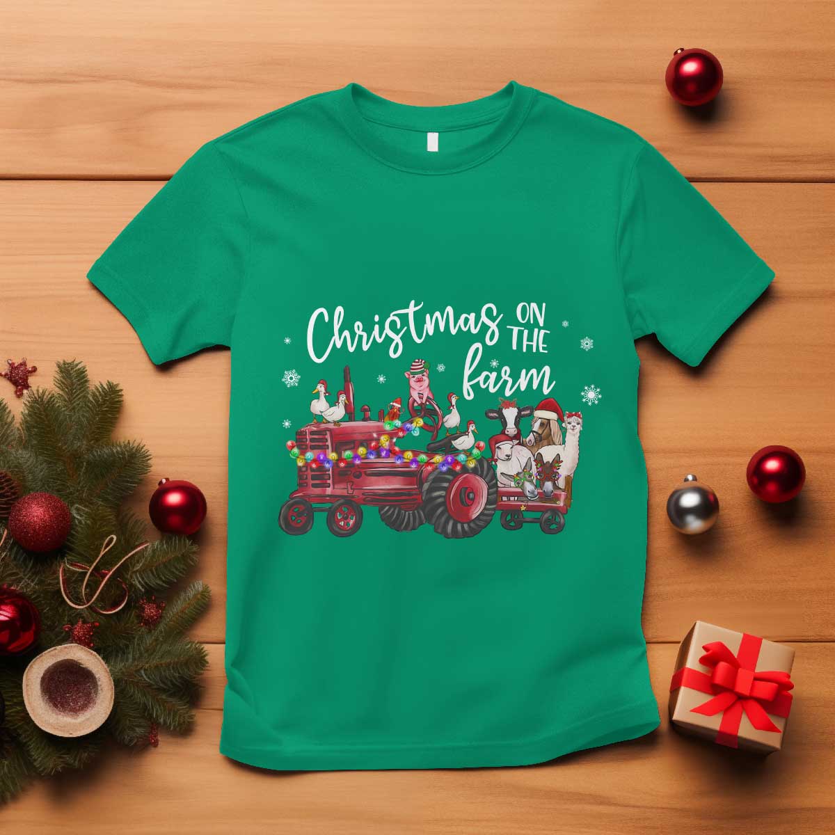 Funny Christmas On The Farm T Shirt Vintage Red Tractor Livestock - Wonder Print Shop