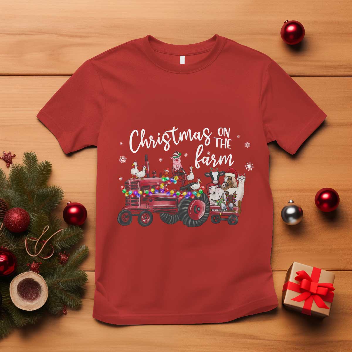 Funny Christmas On The Farm T Shirt Vintage Red Tractor Livestock - Wonder Print Shop