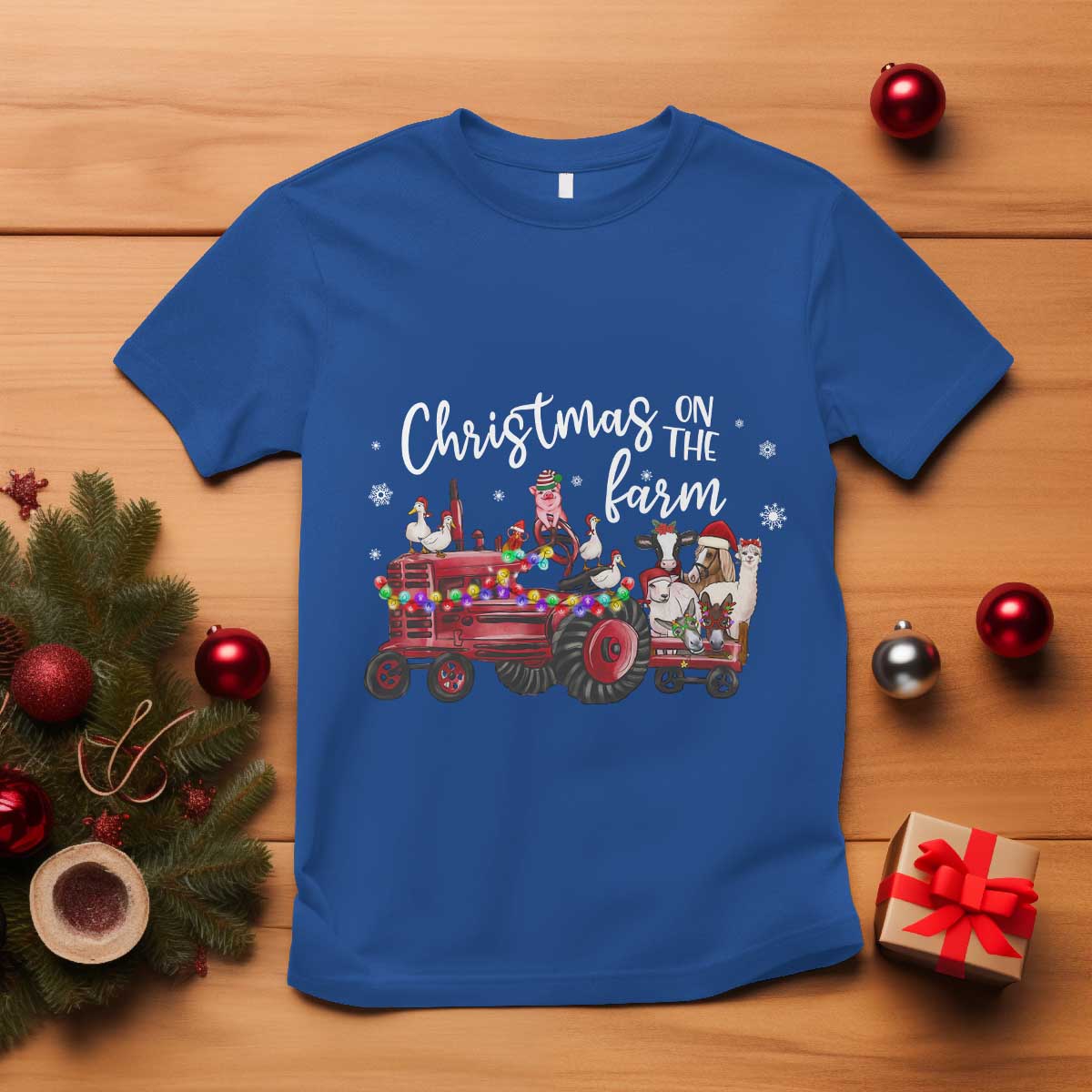 Funny Christmas On The Farm T Shirt Vintage Red Tractor Livestock - Wonder Print Shop