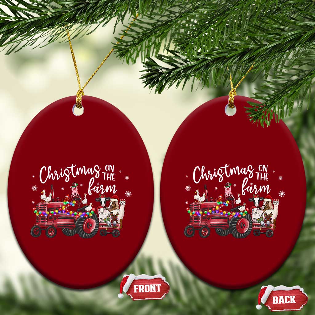 Funny Christmas On The Farm Ceramic Ornament Vintage Red Tractor Livestock - Wonder Print Shop