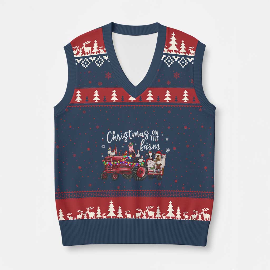 Funny Xmas On The Farm V-Neck Knit Sweater Vest Vintage Red Tractor Livestock - Wonder Print Shop