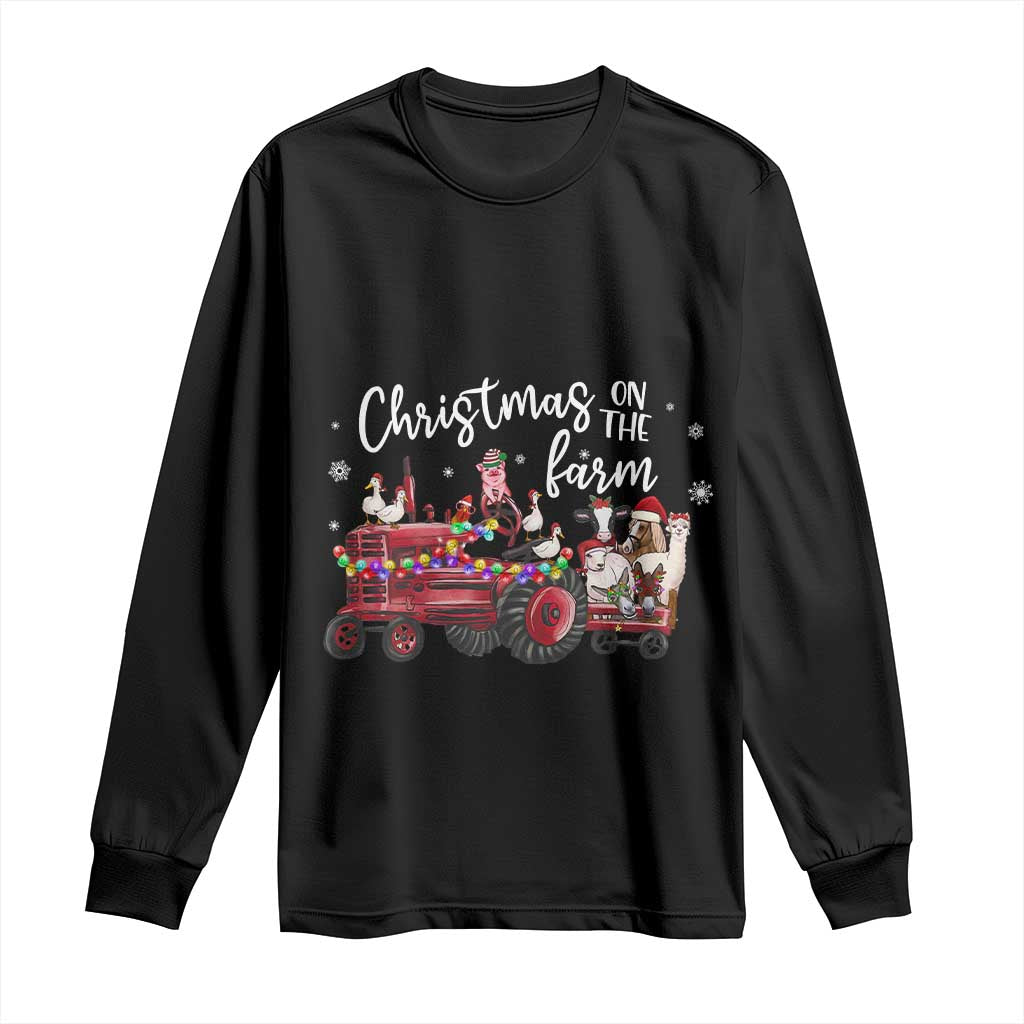Funny Christmas On The Farm Long Sleeve Shirt Vintage Red Tractor Livestock - Wonder Print Shop