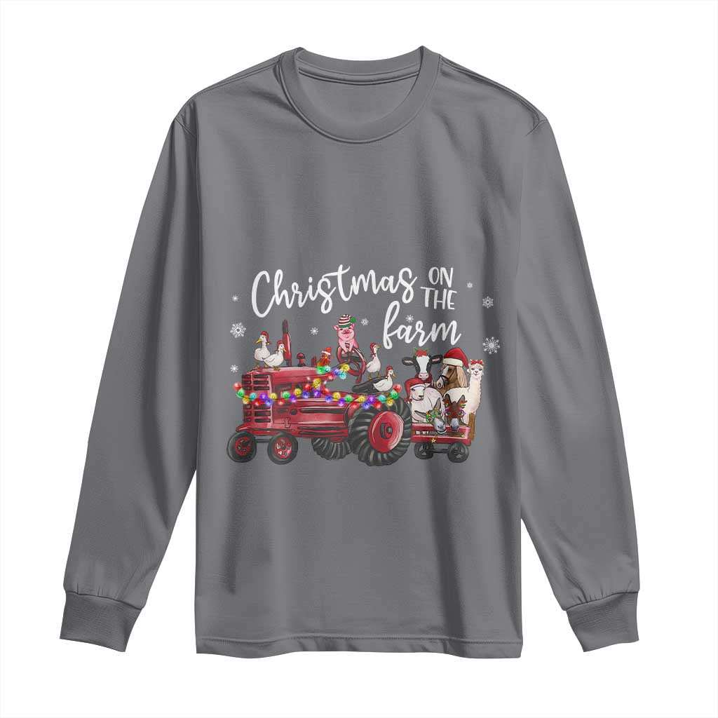 Funny Christmas On The Farm Long Sleeve Shirt Vintage Red Tractor Livestock - Wonder Print Shop