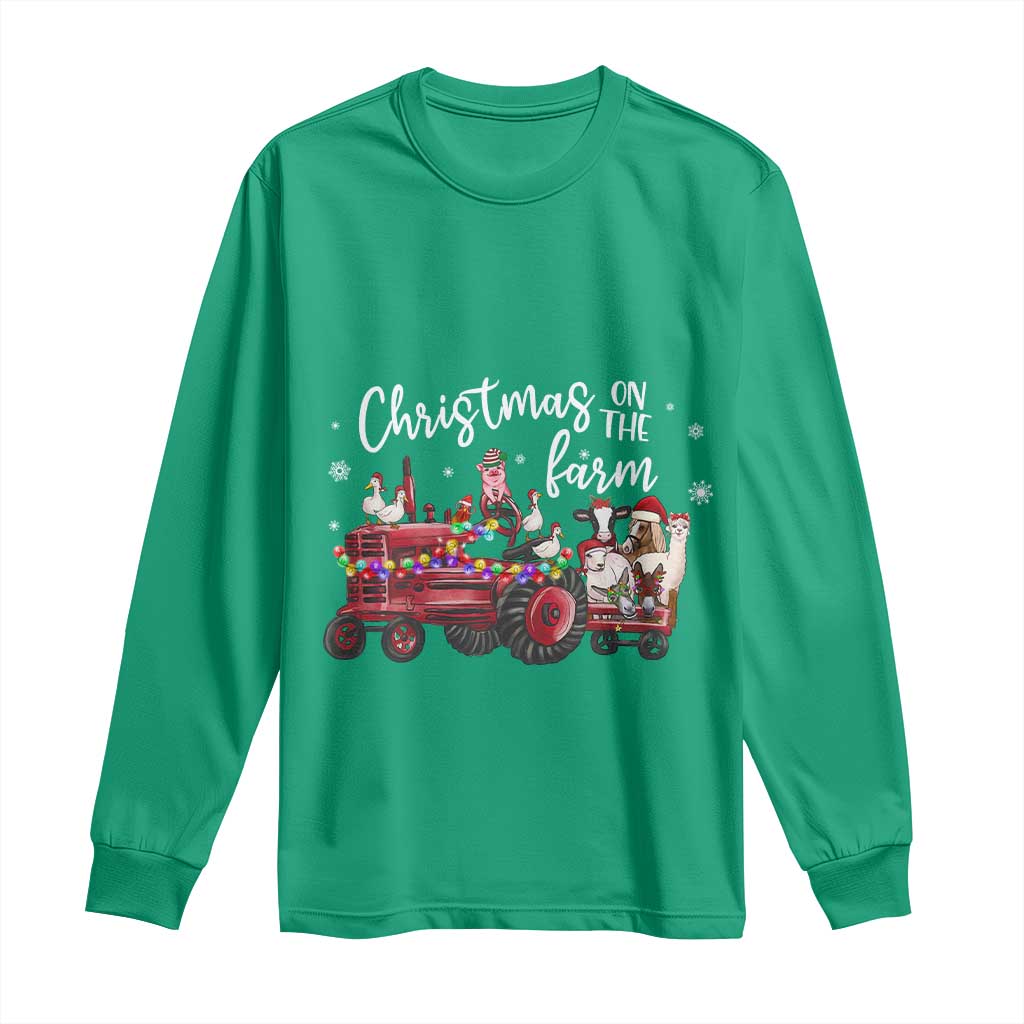 Funny Christmas On The Farm Long Sleeve Shirt Vintage Red Tractor Livestock - Wonder Print Shop
