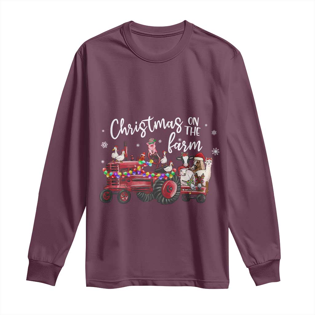 Funny Christmas On The Farm Long Sleeve Shirt Vintage Red Tractor Livestock - Wonder Print Shop