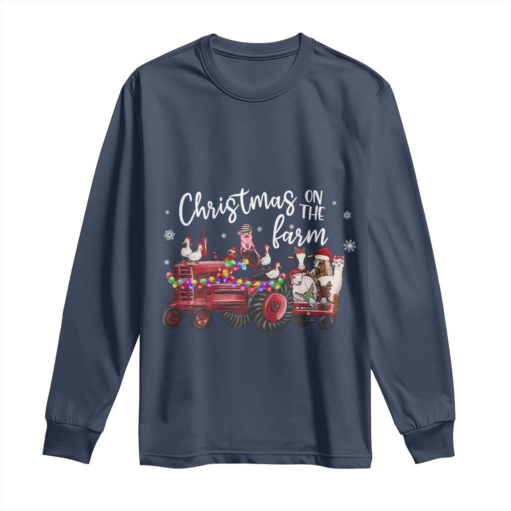 Funny Christmas On The Farm Long Sleeve Shirt Vintage Red Tractor Livestock - Wonder Print Shop